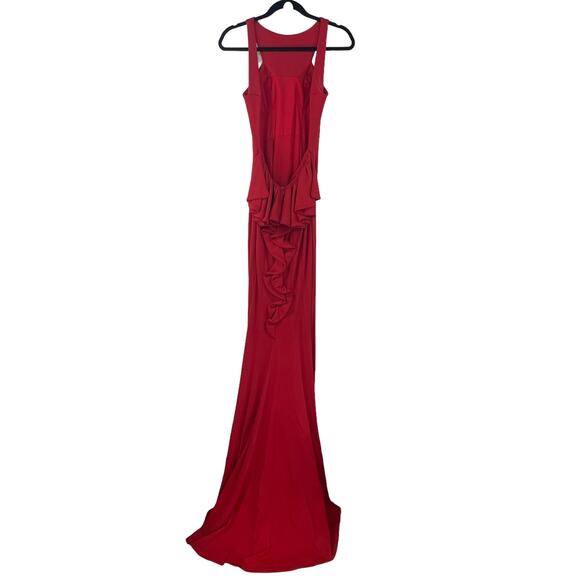 Jovani Style 21899 Fitted Jersey Halter Neck Ruffle Open Back Gown Red 2 ASIS - Picture 6 of 13